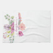 ピンクと桃の水色のフローラ パーソナライズされた キッチンタオル (横)