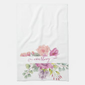 ピンクと桃の水色のフローラ パーソナライズされた キッチンタオル (縦)