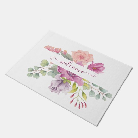 ピンクと桃の水色のフローラ パーソナライズされた ドアマット (アングル)