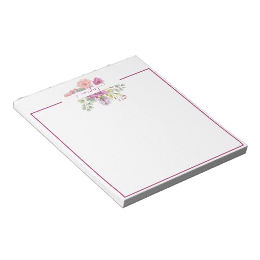 ピンクと桃の水色のフローラ パーソナライズされた ノートパッド (アングル)