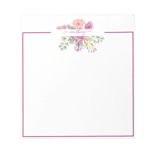 ピンクと桃の水色のフローラ パーソナライズされた ノートパッド (正面)