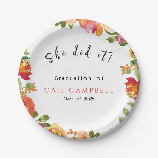 ピンクと桃の水色フローラ ペーパープレート (正面)