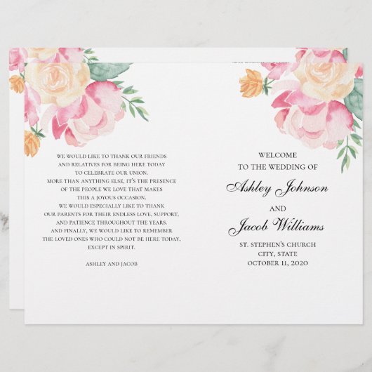 ピンクと桃の花の結婚式プログラム折り畳み (正面/裏面)