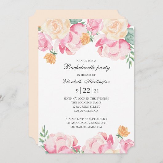 ピンクと桃の花。フローラバチェロレッテ 招待状 (正面/裏面)