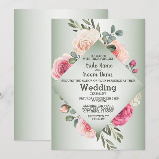 ピンクと桃色のバラ ラスティックグリーン ジオメトリック ウェディング 招待状 (正面/裏面)