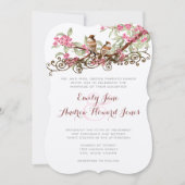 ピンクと森の緑のヴィンテージが鳥を愛する|過去記事 招待状 (正面)