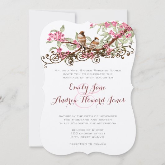 ピンクと森の緑のヴィンテージが鳥を愛する|過去記事 招待状 (正面)