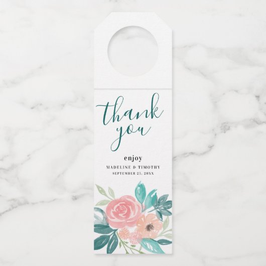 ピンクと水色とオレンジの植物の花束 ウェディング フェイバー ボトルネックタグ (正面)