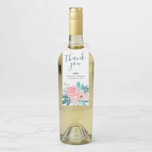 ピンクと水色の桃の植物学的な花束のウェディングギフト ボトルネックタグ (ボトル)