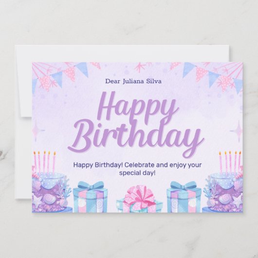 ピンクと水色の水彩画の誕生日 招待状 (正面)