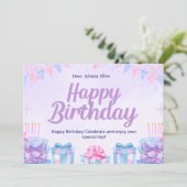 ピンクと水色の水彩画の誕生日 招待状 (スタンド正面)