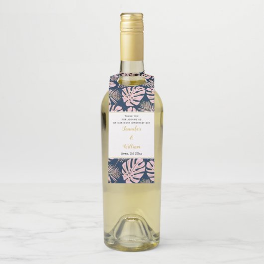 ピンクと海軍の熱帯葉水玉模様の結婚 ボトルネックタグ (ボトル)