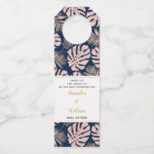 ピンクと海軍の熱帯葉水玉模様の結婚 ボトルネックタグ (正面)