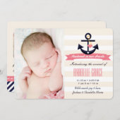 ピンクと海軍をテーマにし航海のた誕生の発表 案内状 (正面/裏面)