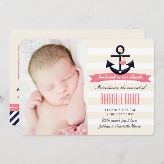 ピンクと海軍をテーマにし航海のた誕生の発表 案内状 (正面/裏面)