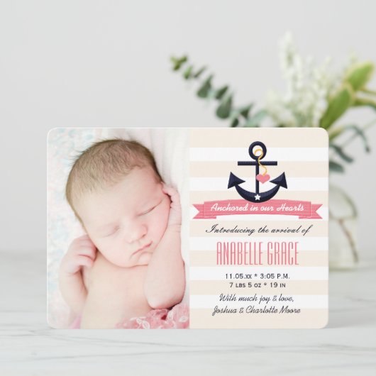 ピンクと海軍をテーマにし航海のた誕生の発表 案内状 (スタンド正面)