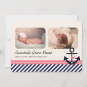 ピンクと海軍をテーマにし航海のた誕生の発表 案内状 (裏面)