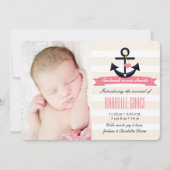 ピンクと海軍をテーマにし航海のた誕生の発表 案内状 (正面)