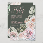 ピンクと淡い色の緑の背景のハッピーバースデー 招待状 (正面/裏面)