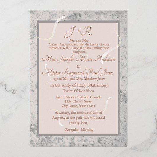 ピンクと灰色の大理石カソリッ伝統的クの結婚教会 箔招待状 (正面)