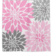 ピンクと灰色の菊の花のパターン シャワーカーテン (正面)