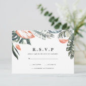 ピンクと熱帯結婚の葉のR.S.V.P 出欠カード (スタンド正面)