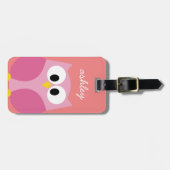 ピンクと珊瑚のかわいい漫画フクロウ ラゲッジタグ (正面横)