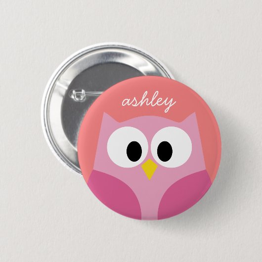 ピンクと珊瑚のかわいい漫画フクロウ 缶バッジ (正面&裏面)