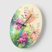 ピンクと珊瑚色の花 ラージ壁時計 (傾斜)