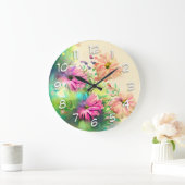 ピンクと珊瑚色の花 ラージ壁時計 (ホーム)