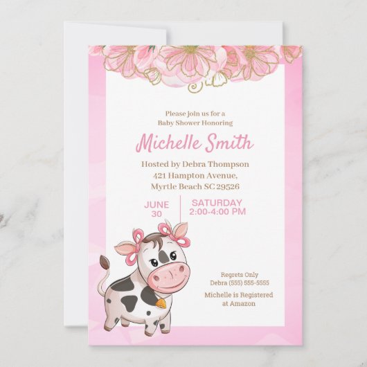 ピンクと白かわいい牛のフローラ赤ちゃんシャワー請求書 招待状 (正面)