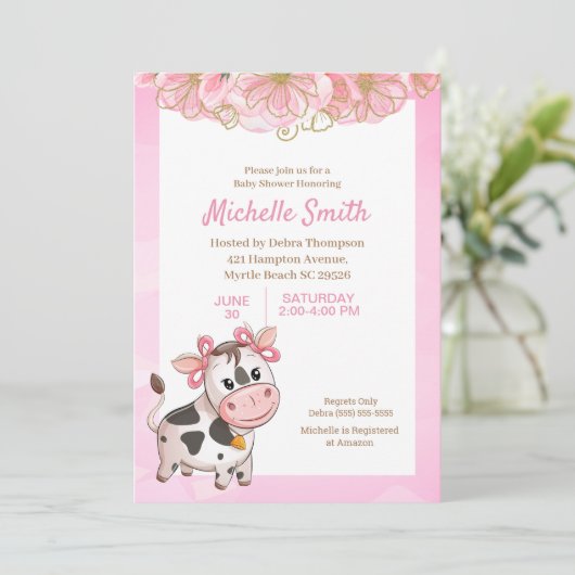 ピンクと白かわいい牛のフローラ赤ちゃんシャワー請求書 招待状 (スタンド正面)