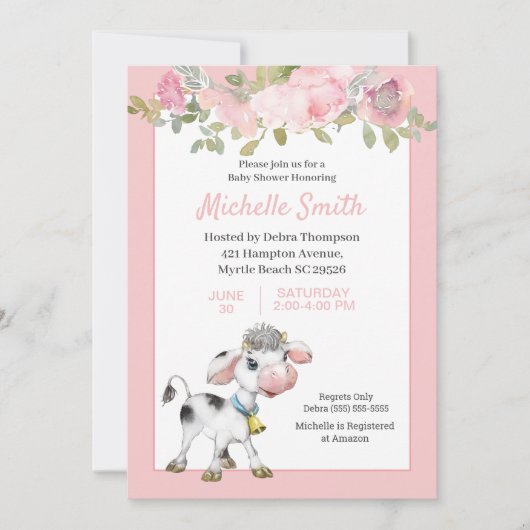 ピンクと白かわいい牛のフローラ赤ちゃんシャワー 招待状 (正面)