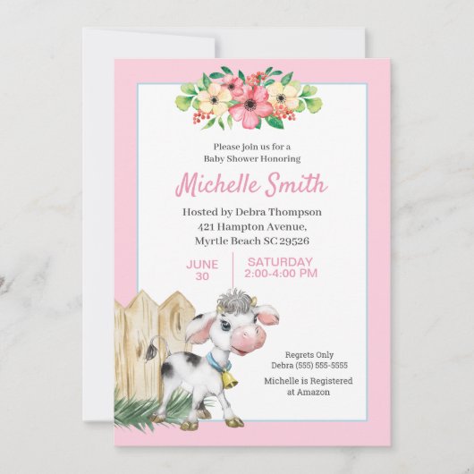 ピンクと白かわいい牛のフローラ赤ちゃんシャワー 招待状 (正面)