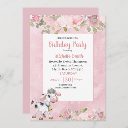 ピンクと白かわいい牛フローラ誕生日パーティーInv 招待状 (正面/裏面)