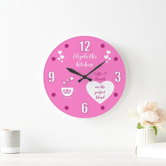 ピンクと白とコーヒーカップのハートと名前 ラージ壁時計 (ホーム)