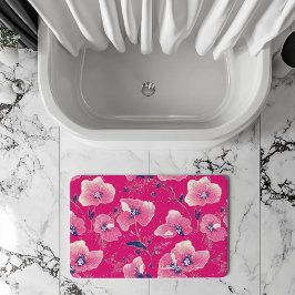 ピンクと白とロイヤルブルーの鮮やかな花柄 バスマット
