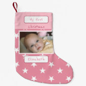 ピンクと白と星の写真と名前の最初 スモールクリスマスストッキング (正面)
