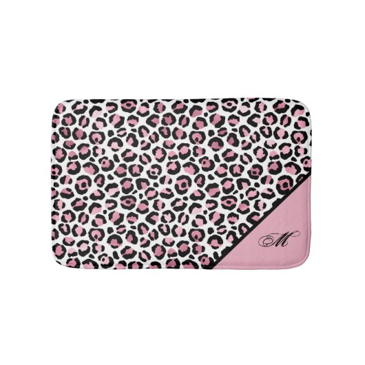 ピンクと白と黒のヒョウ柄モノグラム入り バスマット (正面)