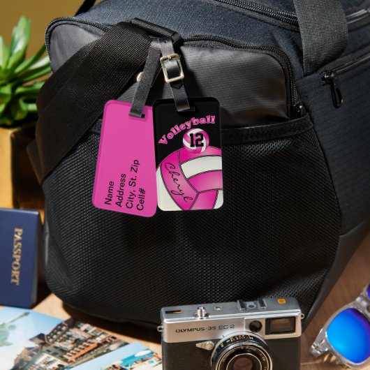 ピンクと白と黒スポーティバレーボール ラゲッジタグ (正面&裏面)