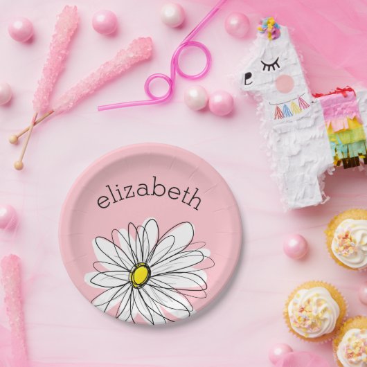 ピンクと白のお洒落デイジーとカスタム文字 ペーパープレート (パーティー)