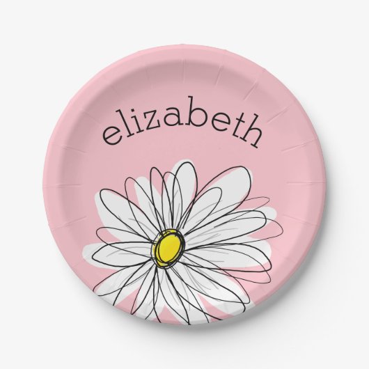 ピンクと白のお洒落デイジーとカスタム文字 ペーパープレート (正面)