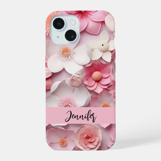 ピンクと白のお花の名前入り iPhone 15ケース (裏面)
