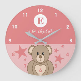 ピンクと白のかわいいテディベアと星の赤ちゃん名前 ラージ壁時計