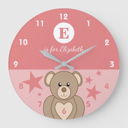 ピンクと白のかわいいテディベアと星の赤ちゃん名前 ラージ壁時計 (正面)