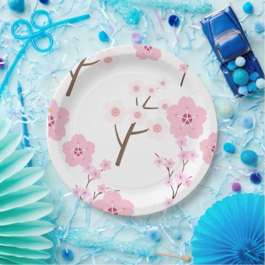 ピンクと白のさくらんぼ花紙プレート ペーパープレート (パーティー)