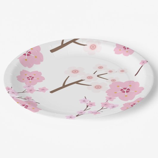 ピンクと白のさくらんぼ花紙プレート ペーパープレート (アングル)