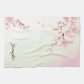 ピンクと白のさくらんぼ花自然モノグラム キッチンタオル (横)