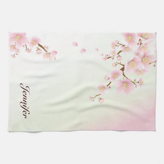 ピンクと白のさくらんぼ花自然モノグラム キッチンタオル (横)