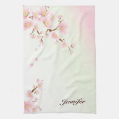 ピンクと白のさくらんぼ花自然モノグラム キッチンタオル (縦)